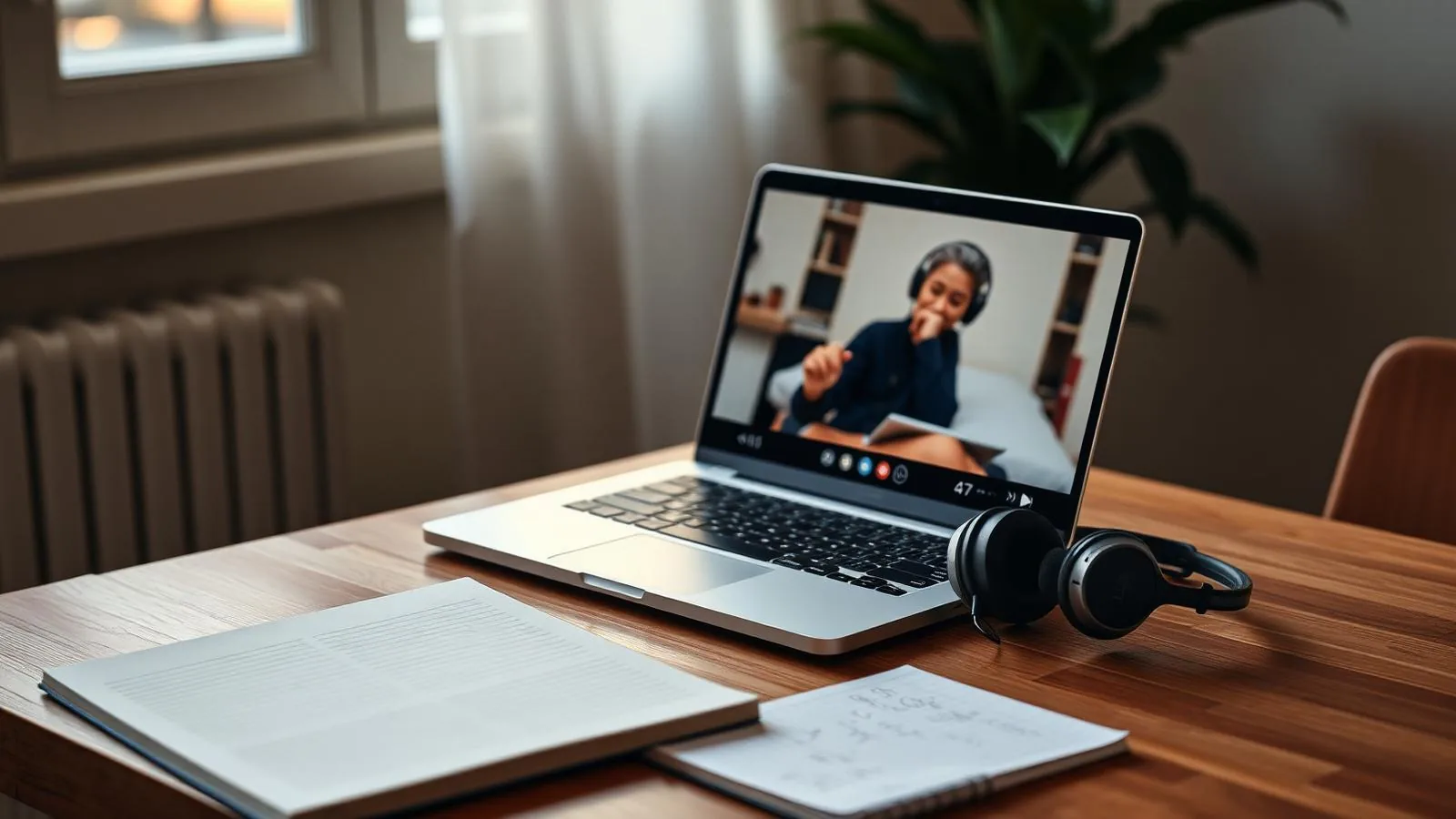 Online japán tanulás laptopon, videós nyelvóra és kézzel írt japán jegyzetek